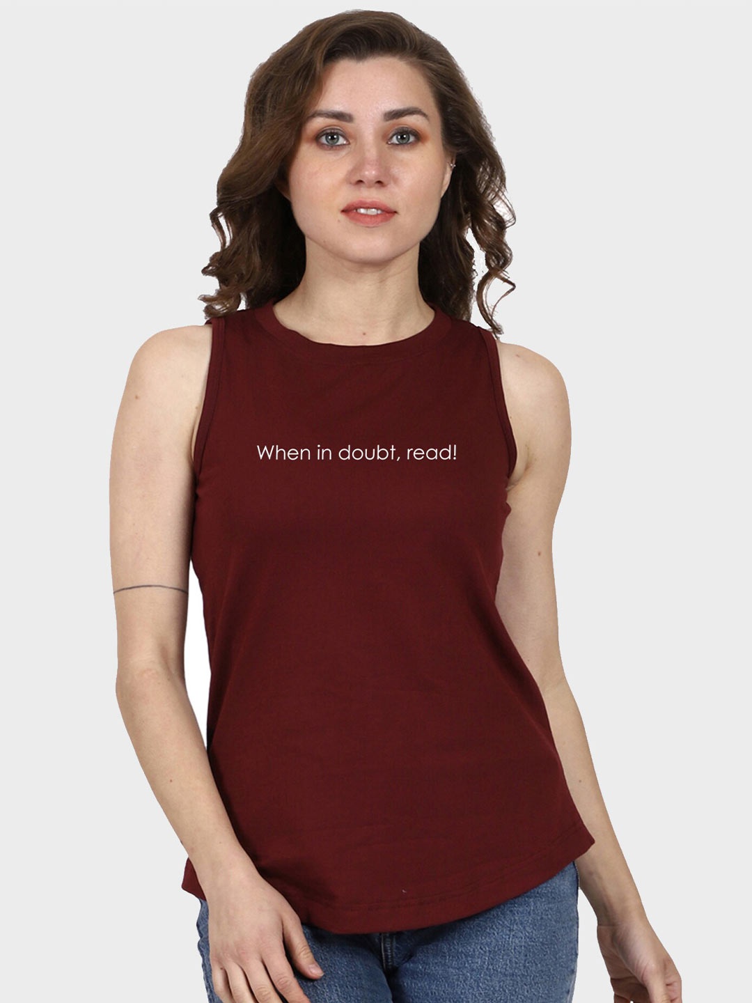 

T-SHIRT TRUCK Typography Printed Sleeveless Cotton T-shirt, Maroon