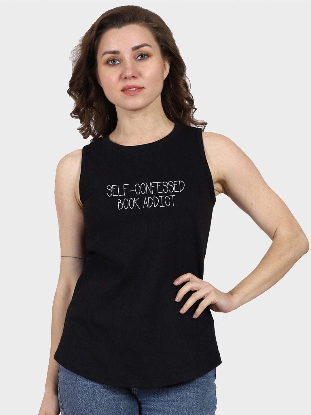 T-SHIRT TRUCK Typography Printed Sleeveless Cotton T-shirt, Black