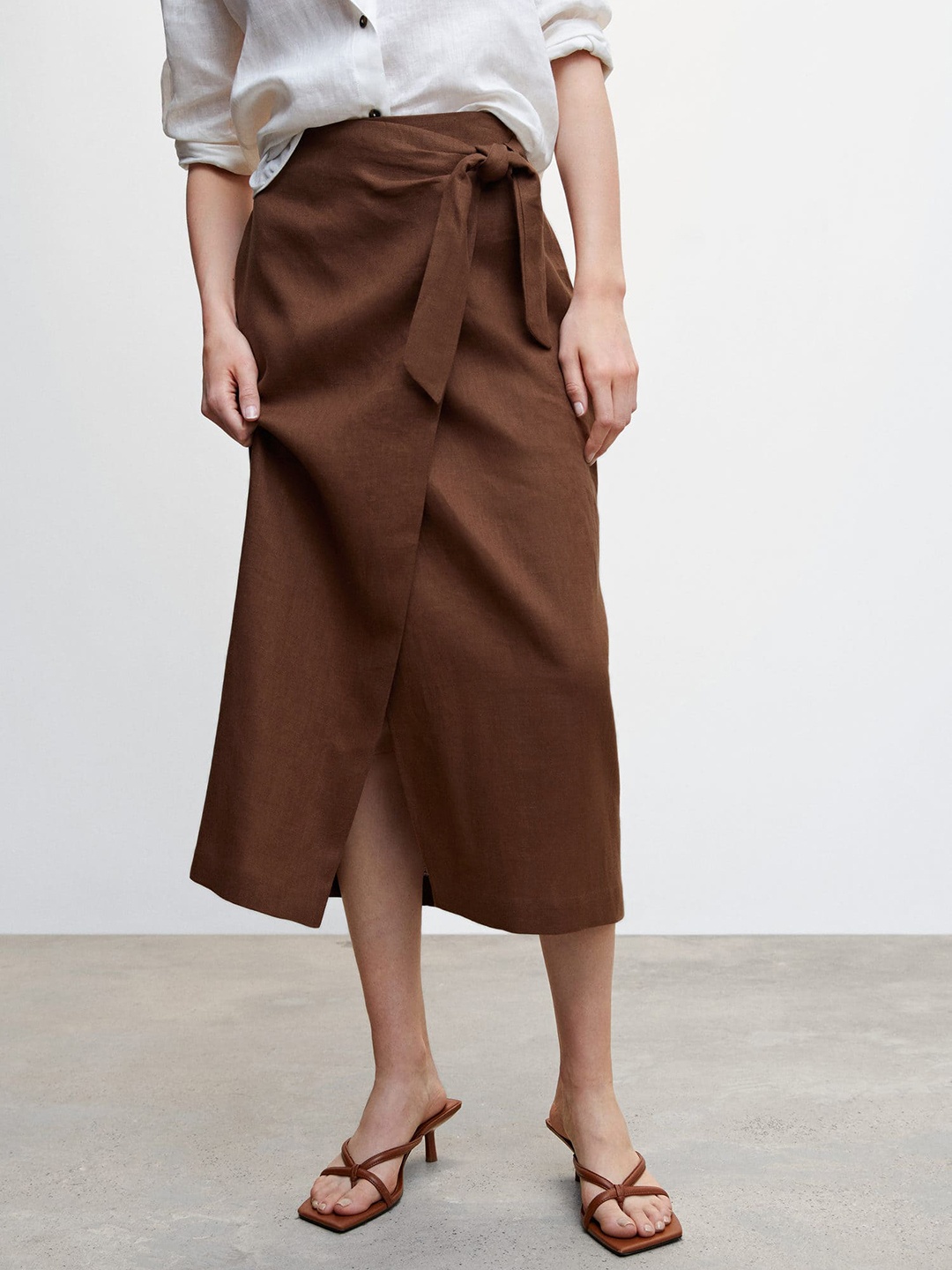 

MANGO Linen Wrap Design Tie-up Detail Midi Skirt, Brown
