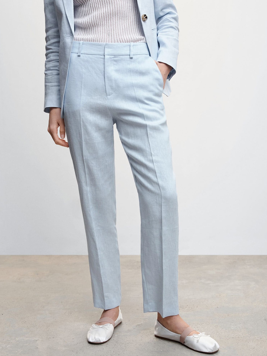 

MANGO Women Linen Straight Fit Trousers, Blue
