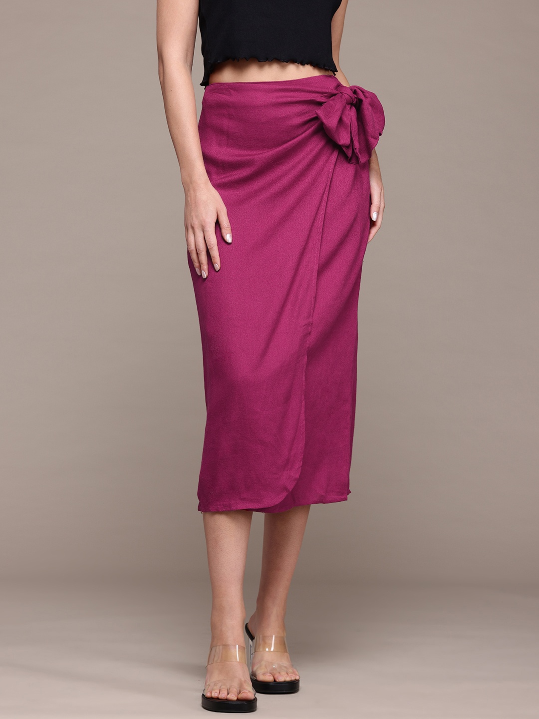

MANGO Tie-Up Wrap Midi Skirt, Magenta