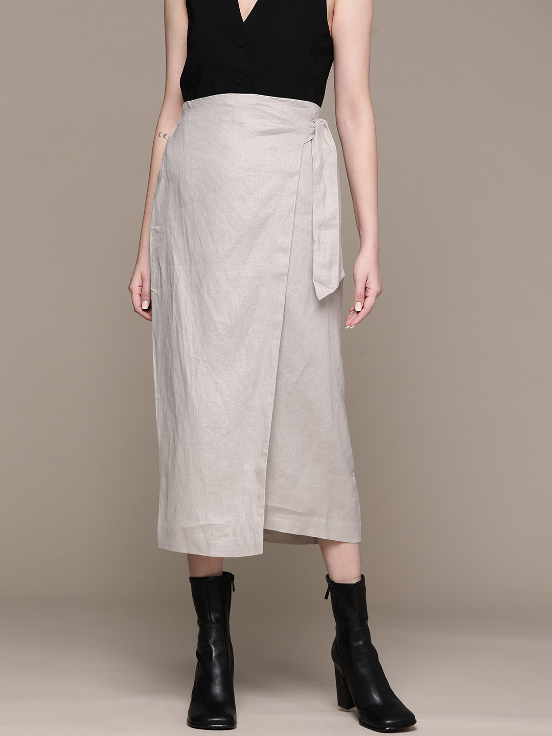 

MANGO Pure Linen Wrap Midi Skirt, Beige