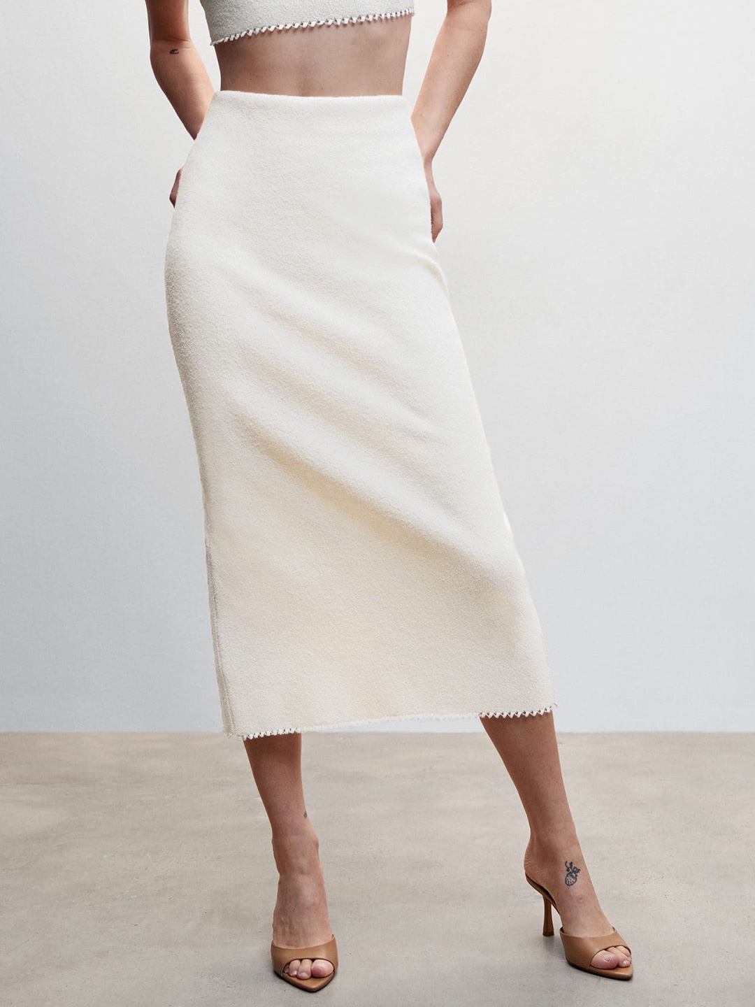 

MANGO Self Design Straight Back Slit Midi Skirt, White