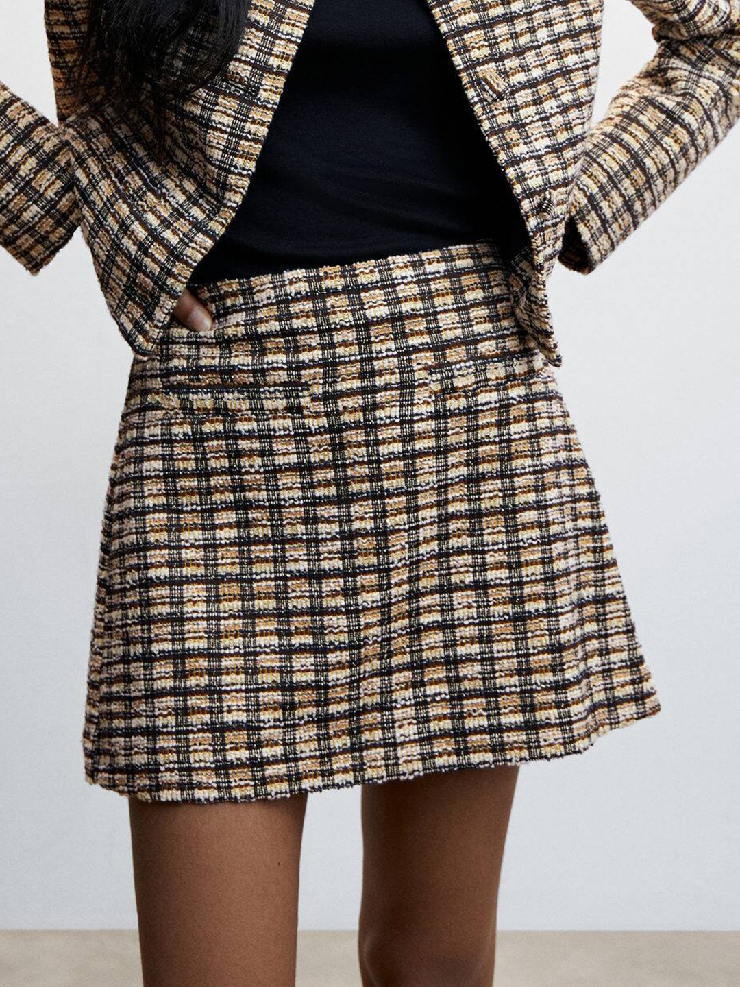 

MANGO Self Design Checked Sustainable A-Line Mini Skirt, White