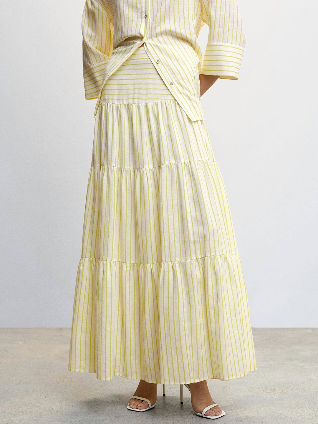 

MANGO Women Striped Tiered A-Line Skirt, White