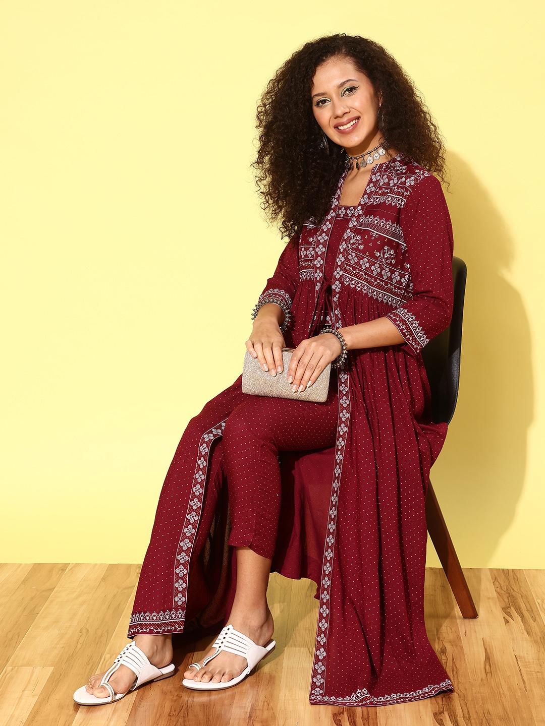 

Juniper Floral Printed Layered Kurta with Trousers, Maroon