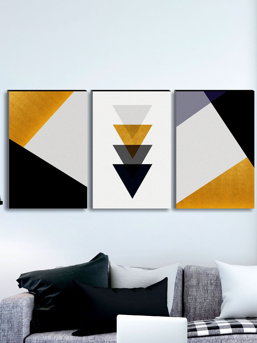 

SAF Black & Grey 3-Pieces Geometric Modern Art Printed UV Coating Wall Art