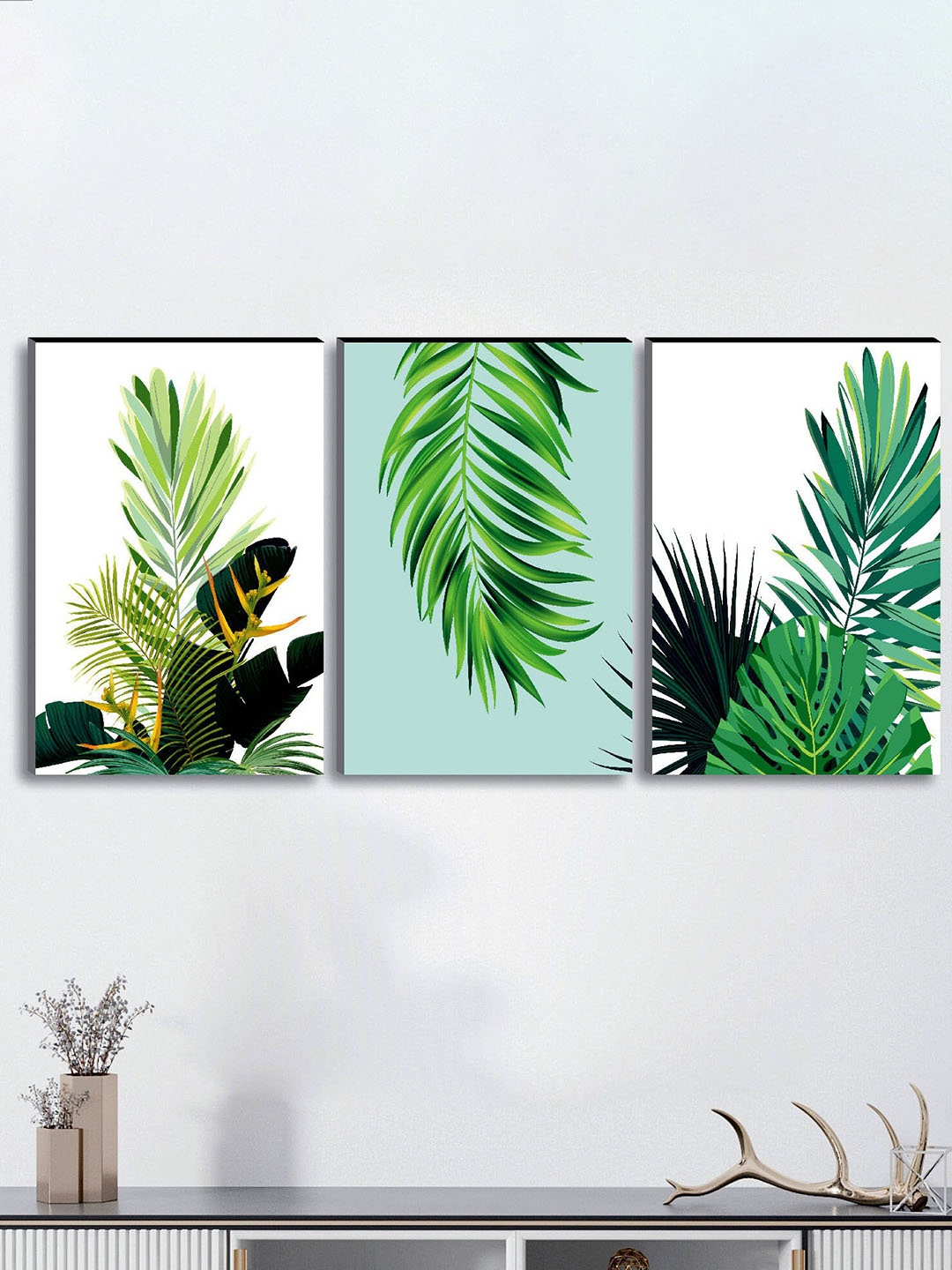 

SAF Green & White 3-Pieces Tropical Modern Art Printed UV Coating Wall Art