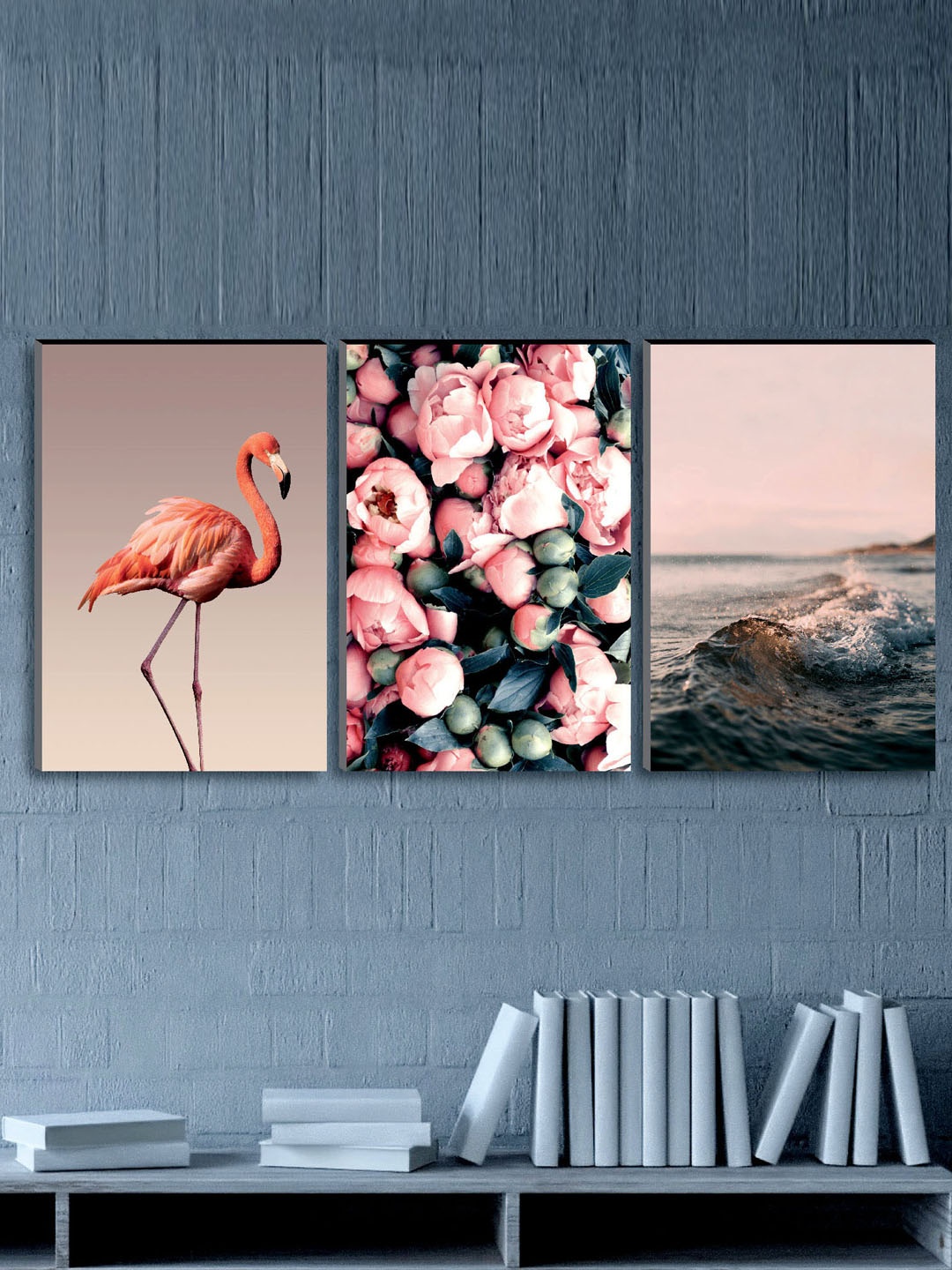 

SAF Blue & Pink 3-Pieces Flamingo & Flowers Modern Art Printed UV Coating Wall Art