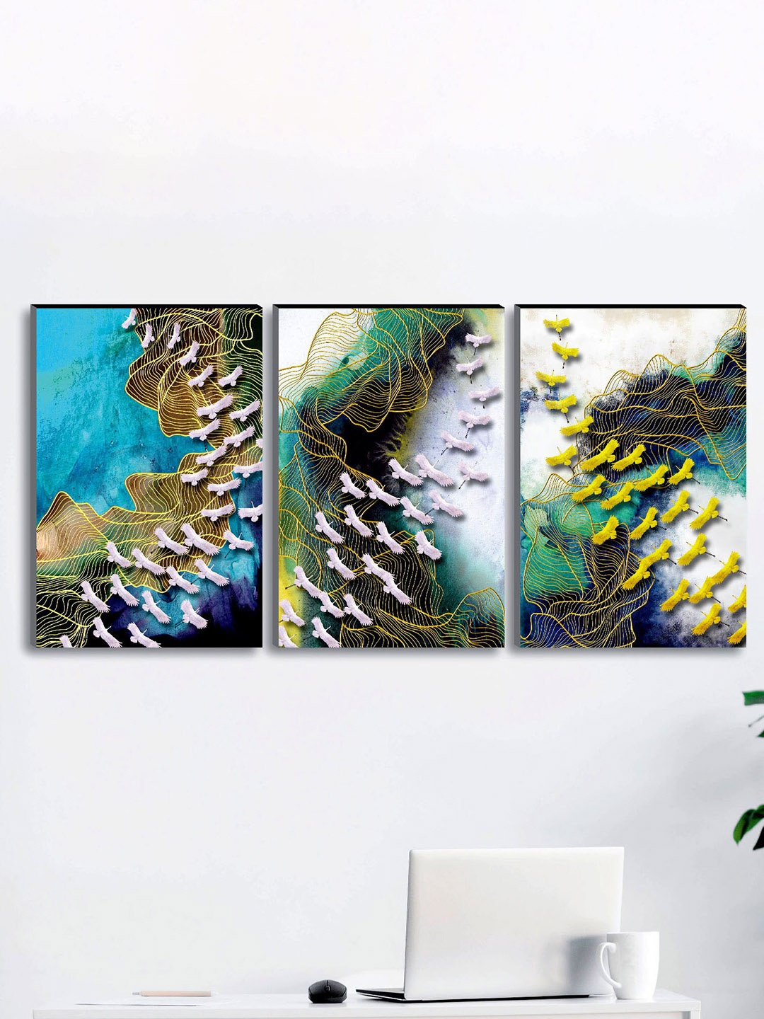 

SAF Blue & Yellow 3-Pieces Modern Art Printed UV Coating Wall Art