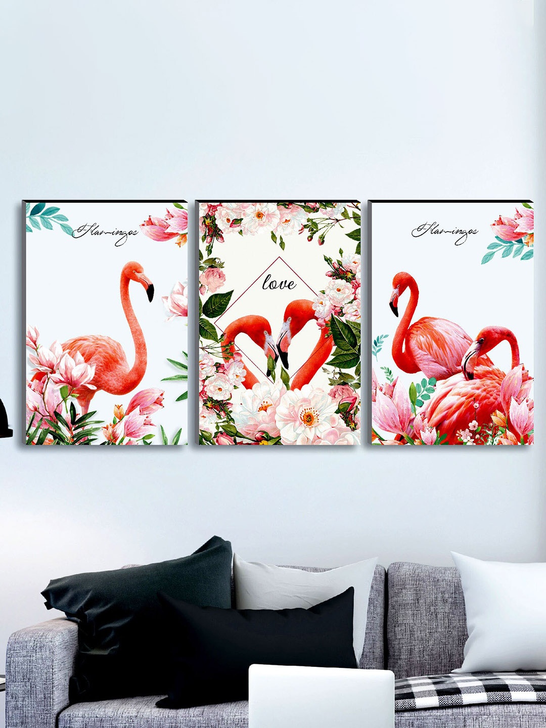 

SAF Orange & White 3-Pieces Love Flamingo Printed UV Coating Wall Art, Pink
