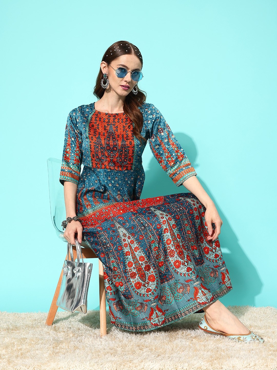 

Juniper Printed Panelled Satin Anarkali Dress, Teal