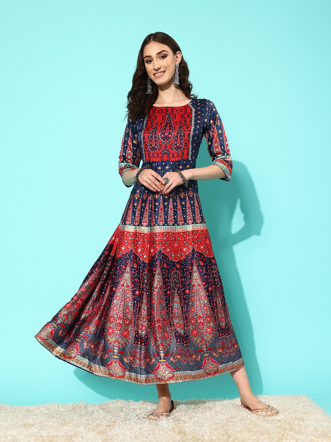 

Juniper Printed Panelled Satin Anarkali Dress, Navy blue