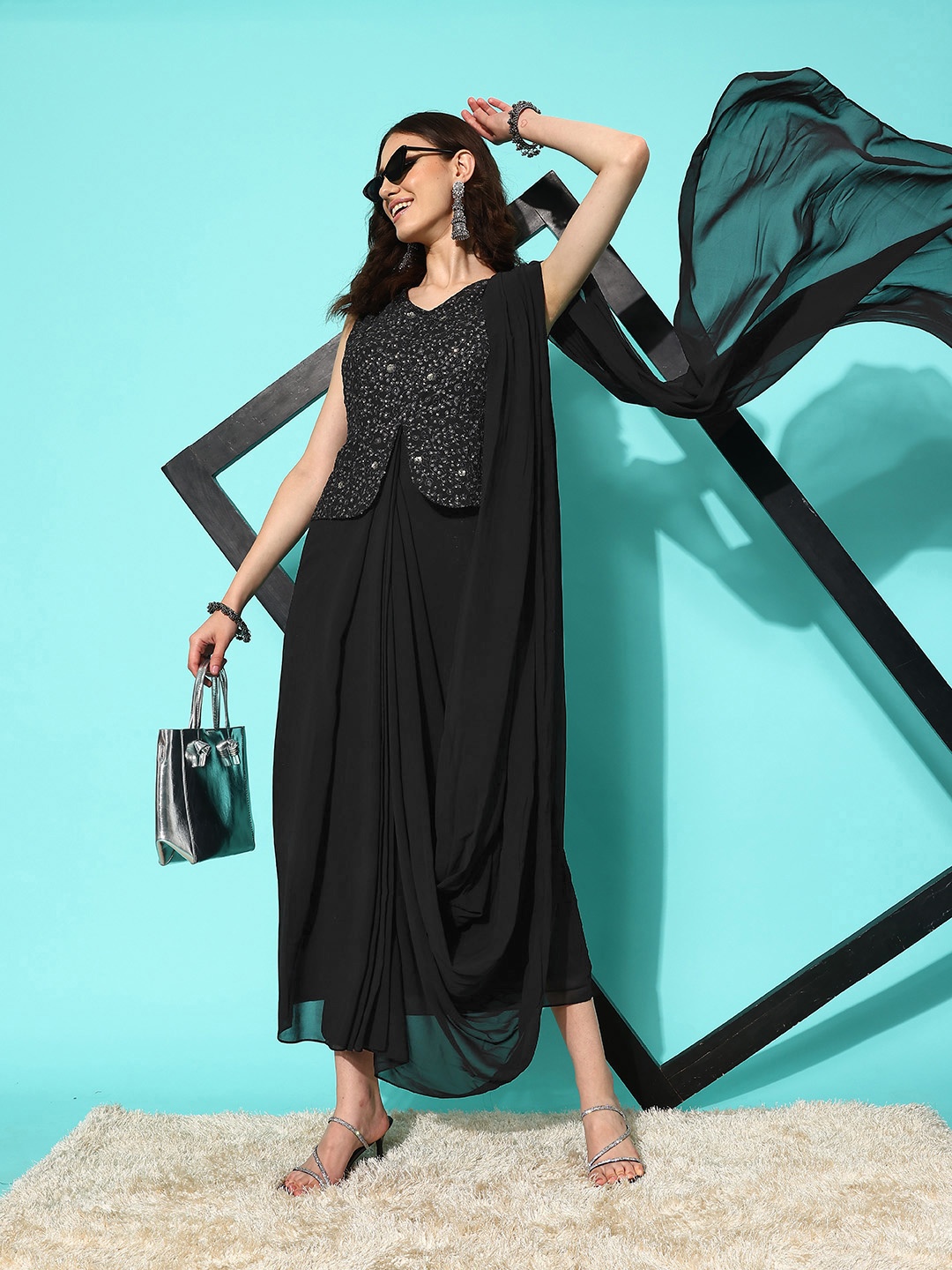 

Juniper Georgette Embellished Saree Style Dress, Black