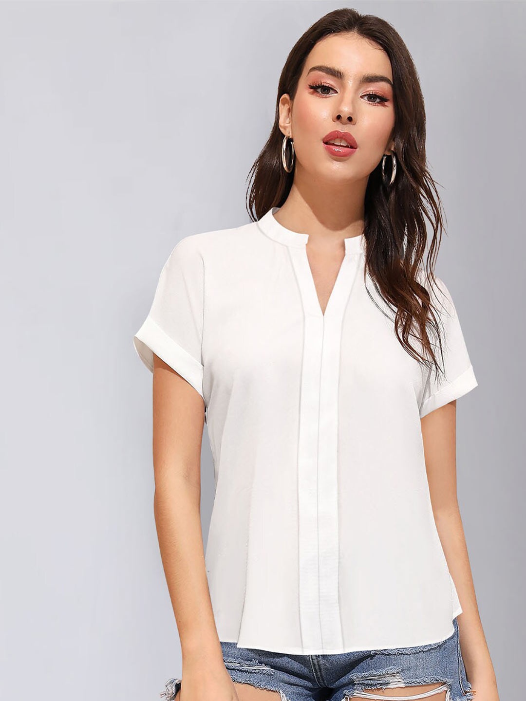 

KERI PERRY Mandarin Collar Extended Sleeves Shirt Style Top, White