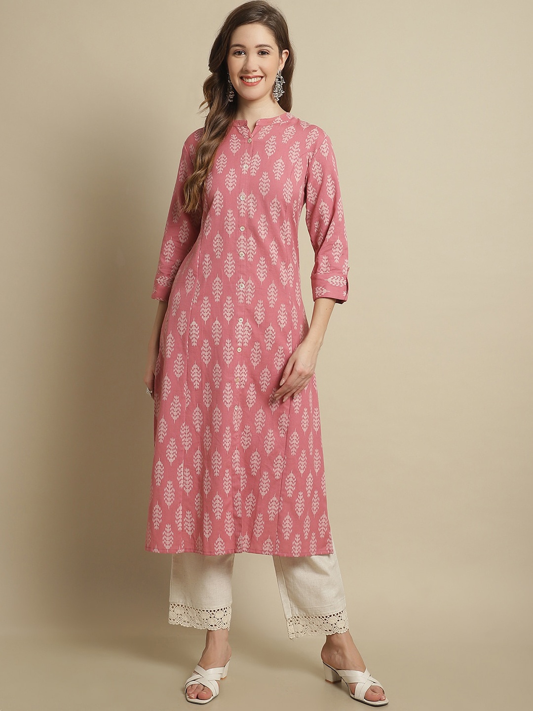 

Pistaa Mandarin Collar Ethnic Motifs Printed Straight Pure Cotton Kurta, Pink