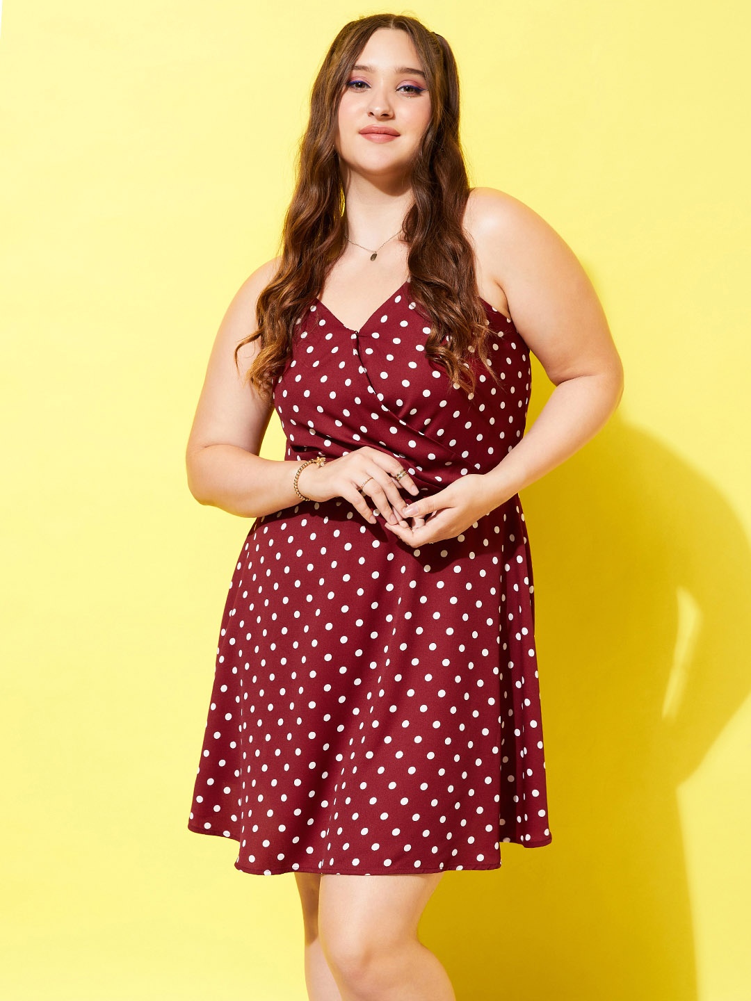 

Berrylush Curve Plus Size Polka Dots Printed Crepe A-Line Mini Dress, Maroon