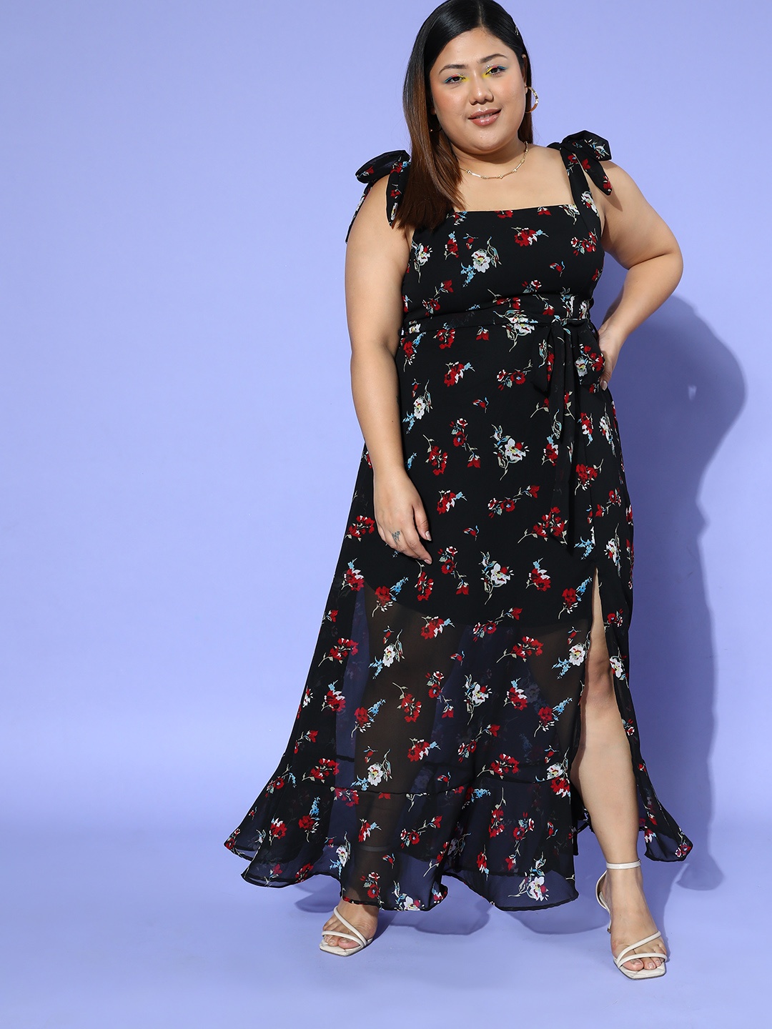 

Berrylush Curve Floral Print Georgette A-Line Maxi Dress, Black
