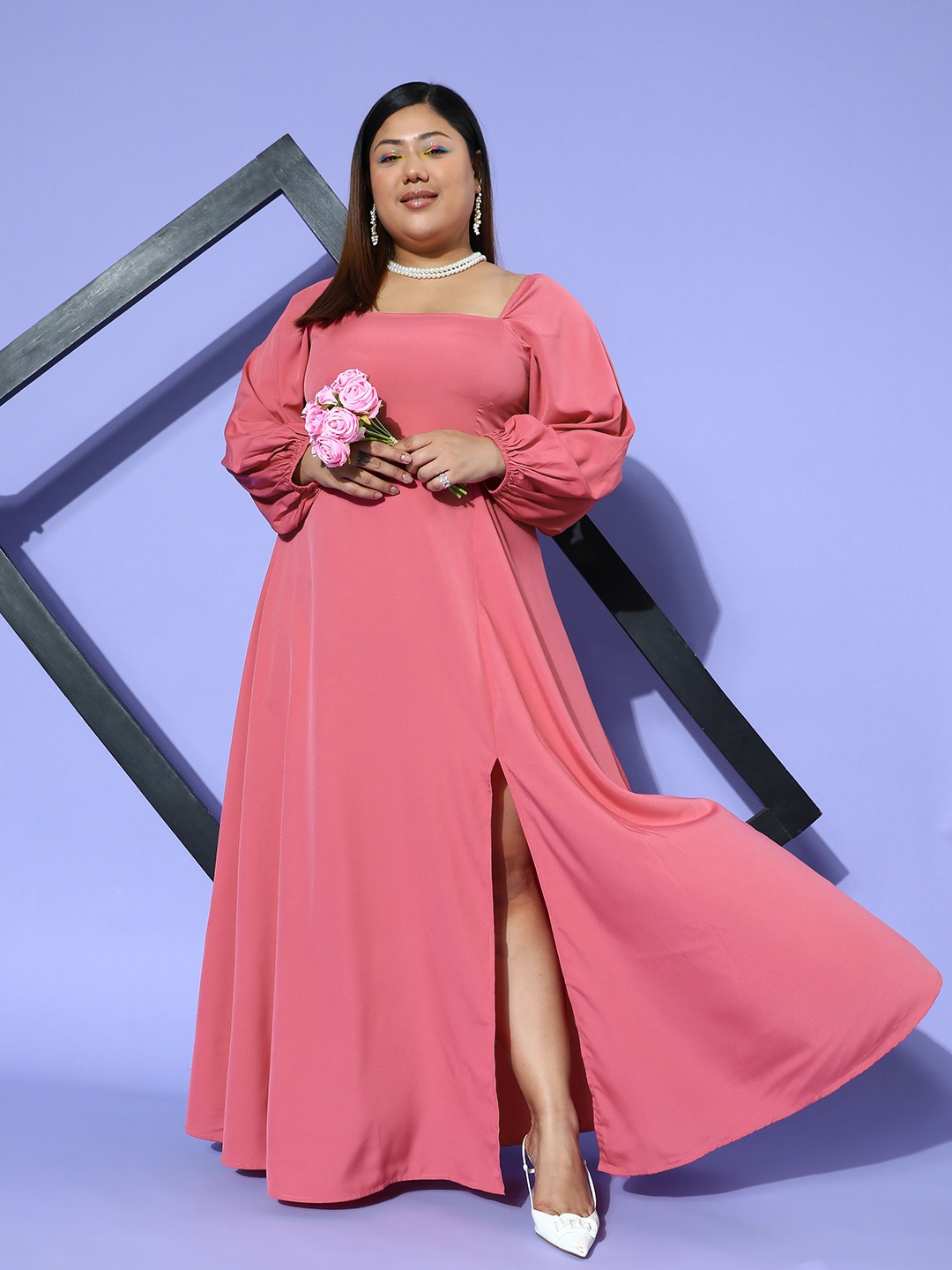 

Berrylush Curve Plus Size Puff Sleeve Crepe Maxi Dress, Pink