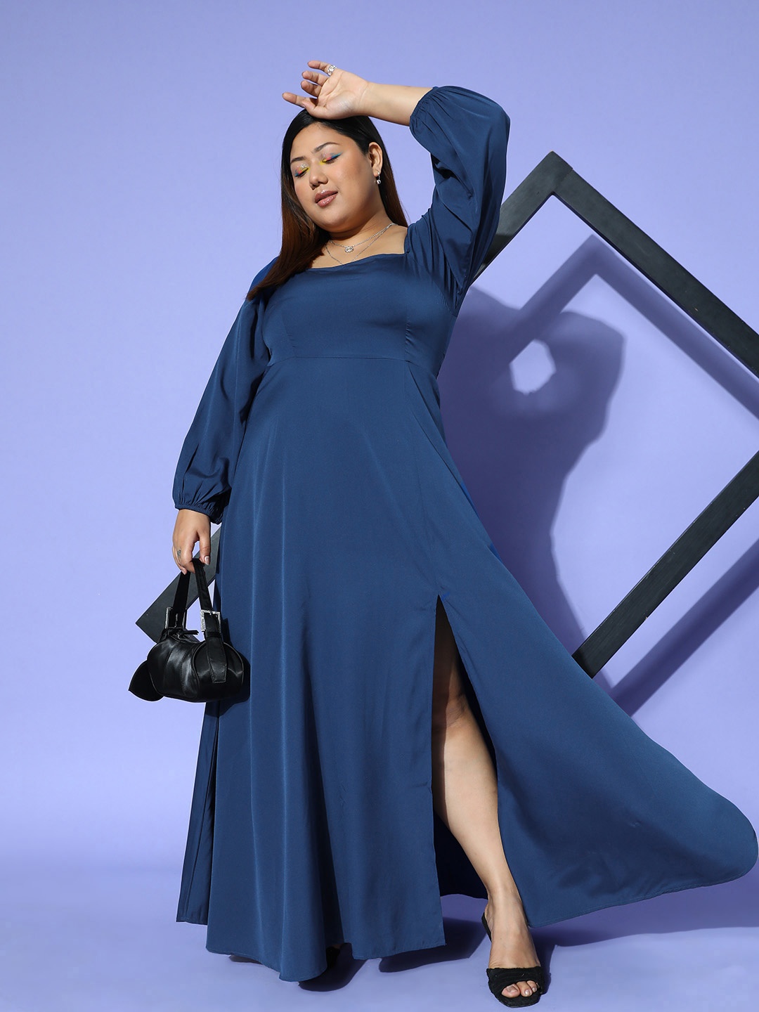 

Berrylush Curve Plus Size Puff Sleeve Crepe Maxi Dress, Blue