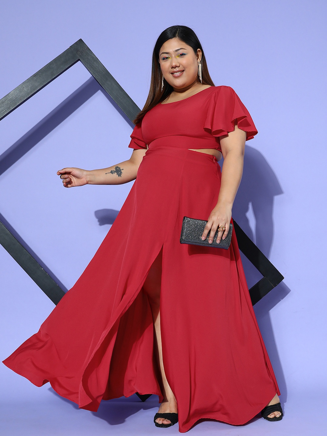 

Berrylush Curve Plus Size Flutter Sleeve Crepe Maxi Dress, Red