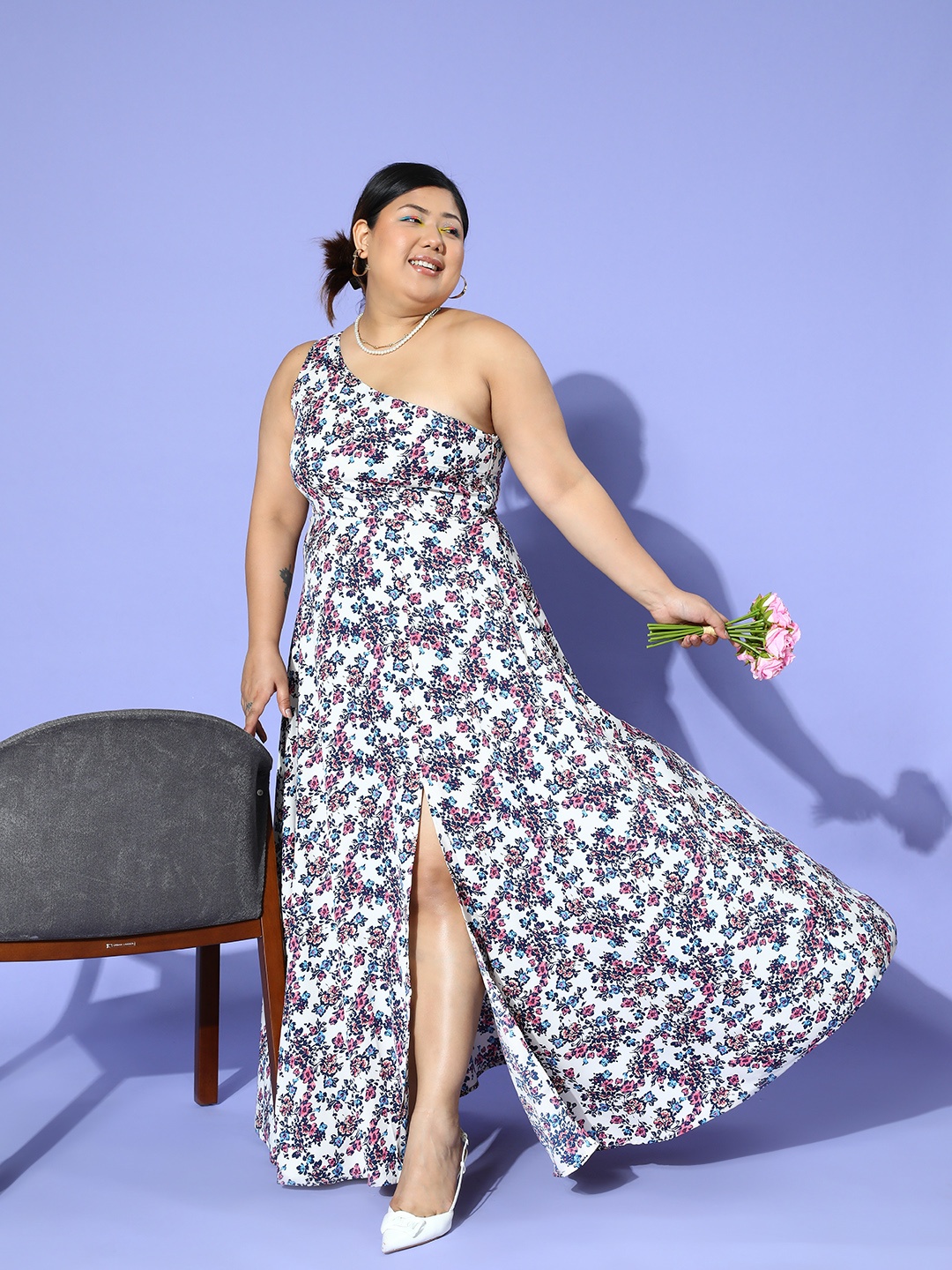 

Berrylush Curve Floral Print One Shoulder Crepe Maxi Dress, Multi