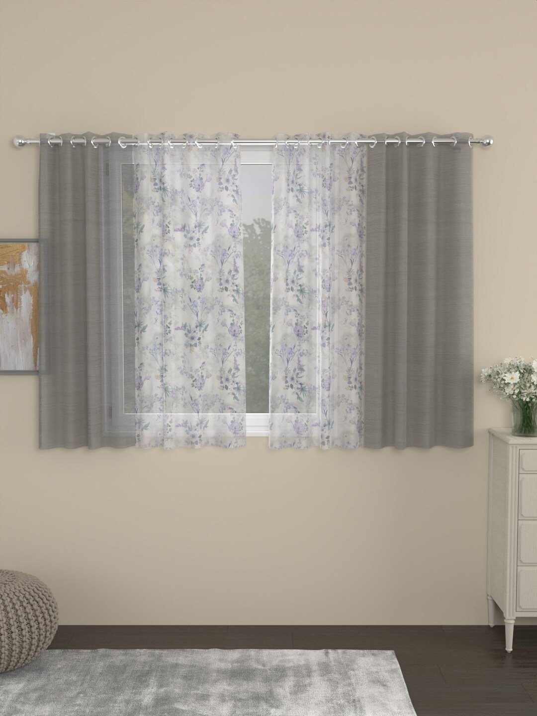 

ROSARA HOME Dove Chanderi Grey 4-Pieces Floral Sheer Window Curtains