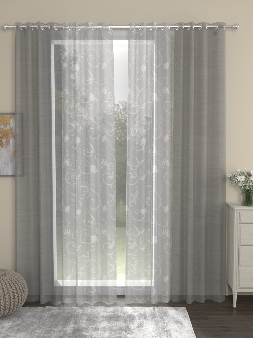 

ROSARA HOME Dove Lydia Grey 4-Pieces Floral Sheer Long Door Curtains