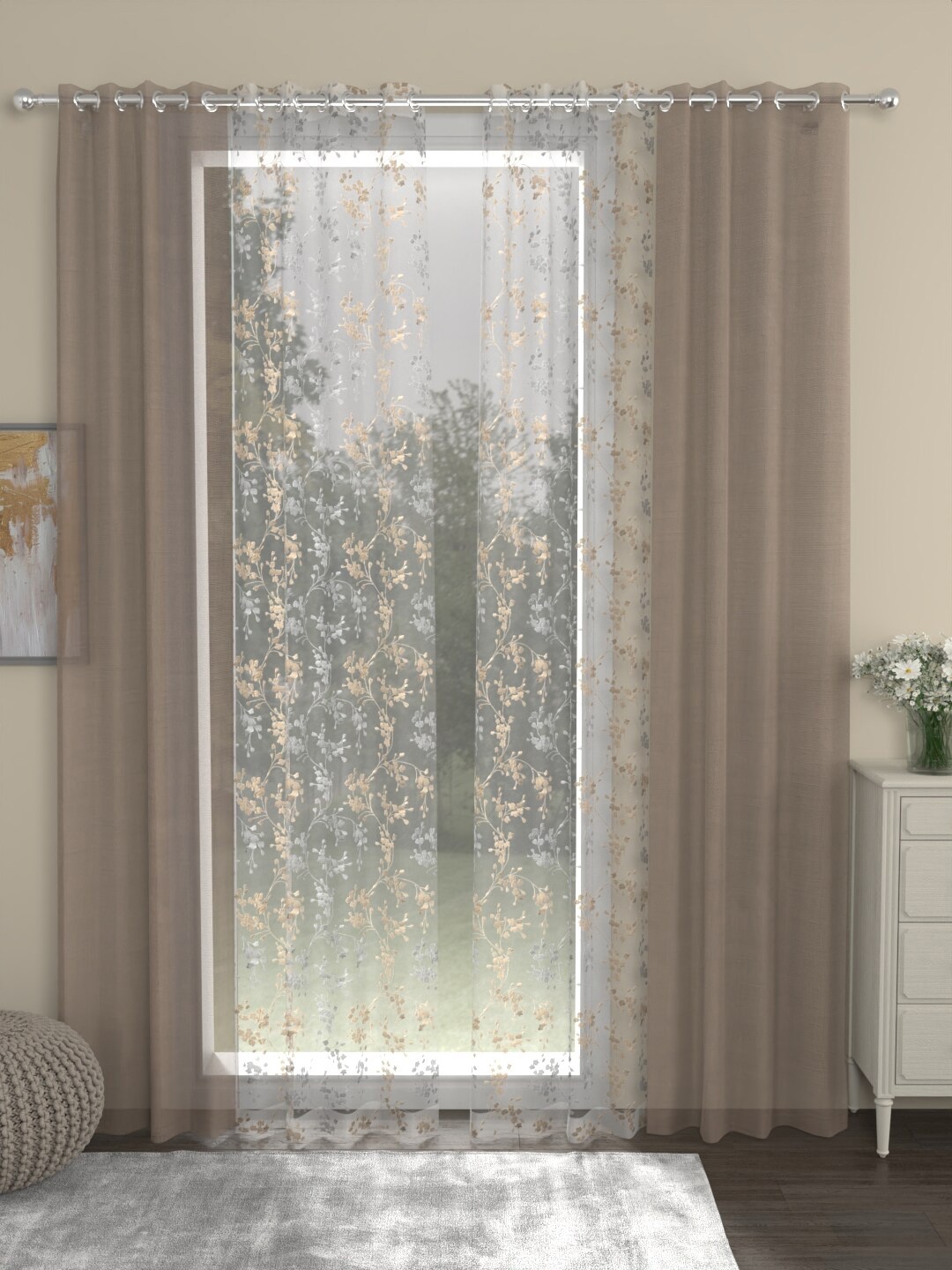 

ROSARA HOME Dove Mimosa Taupe 4-Pieces Floral Sheer Door Curtains