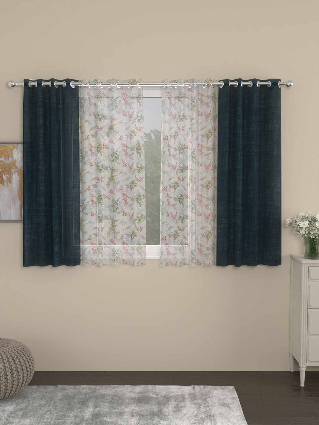 

ROSARA HOME Dove Chanderi Navy Blue 4-Pieces Floral Sheer Window Curtains