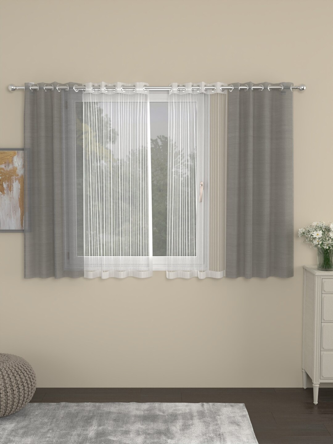 

ROSARA HOME Dove Striped Grey & White 4 Pieces Sheer Window Curtains