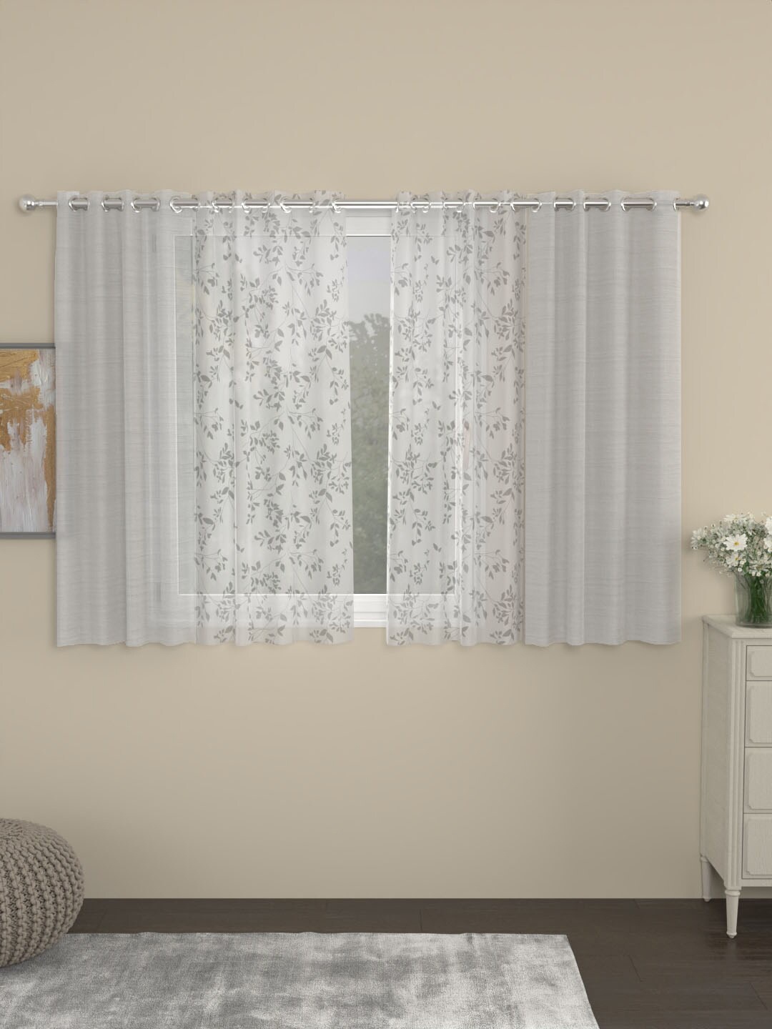 

ROSARA HOME Dove Emily Brasso Off White 4-Pieces Floral Sheer Window Curtains