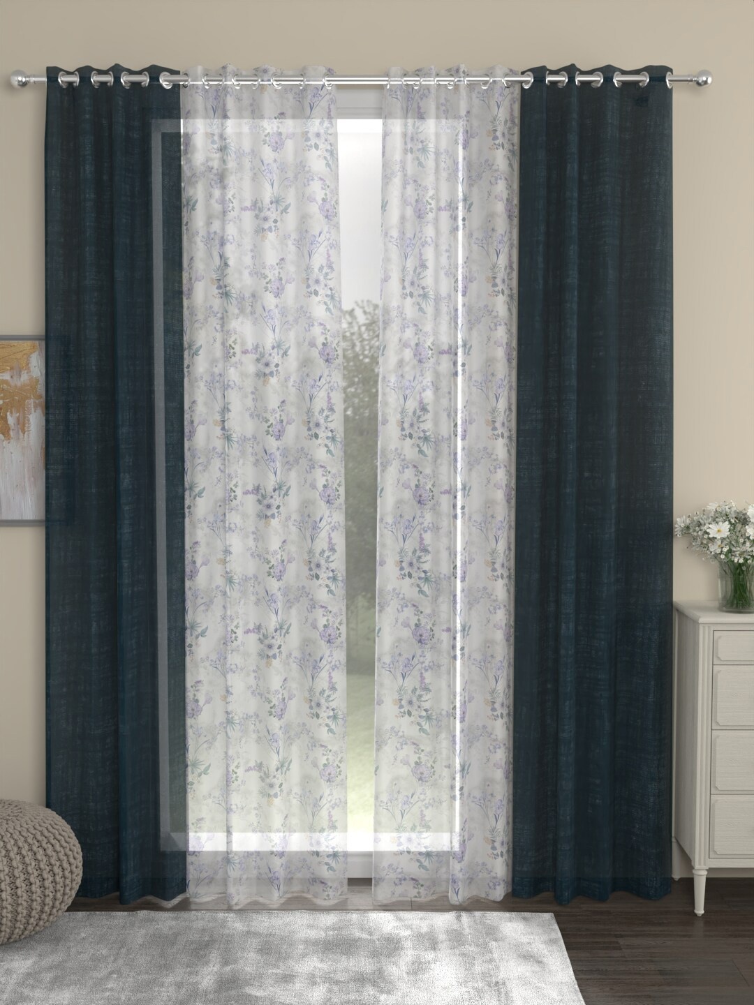 

ROSARA HOME Dove Chanderi Navy Blue 4-Pieces Floral Sheer Long Door Curtains