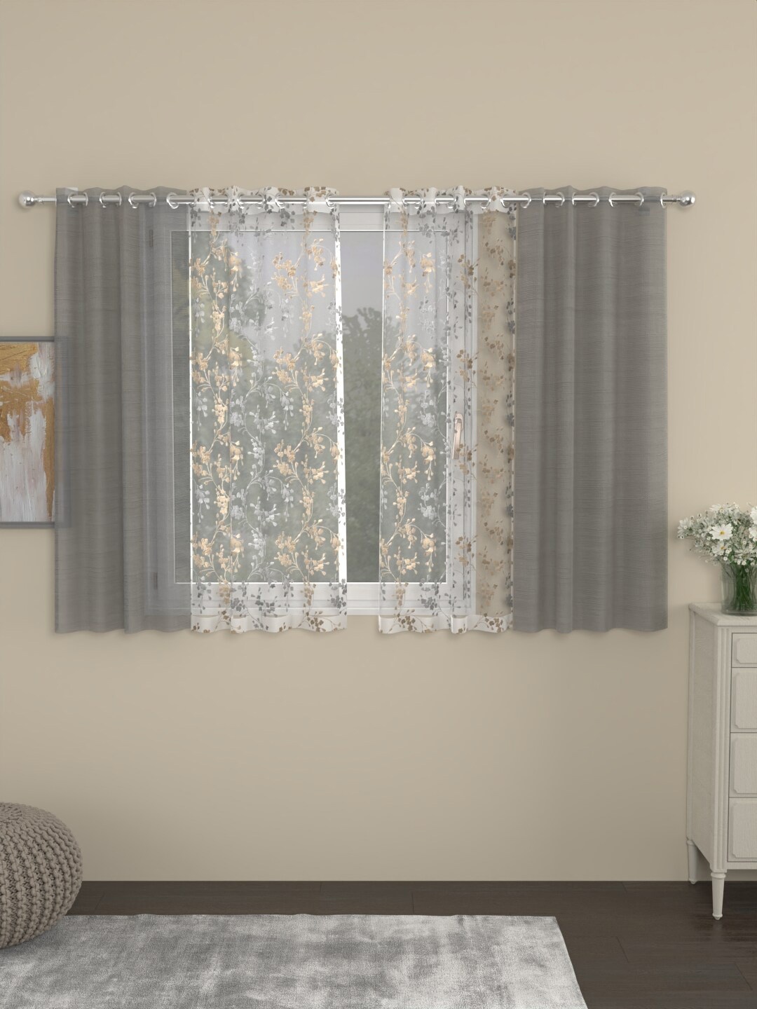 

ROSARA HOME Dove Mimosa Grey & Beige 4 Pieces Sheer Window Curtains