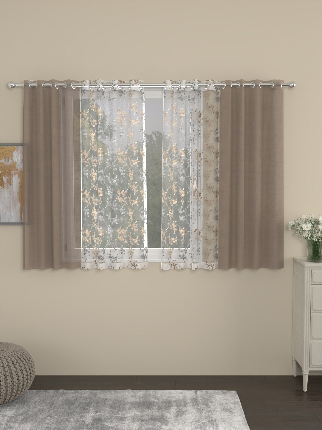 

ROSARA HOME Dove Mimosa Taupe & White 4 Pieces Sheer Window Curtains