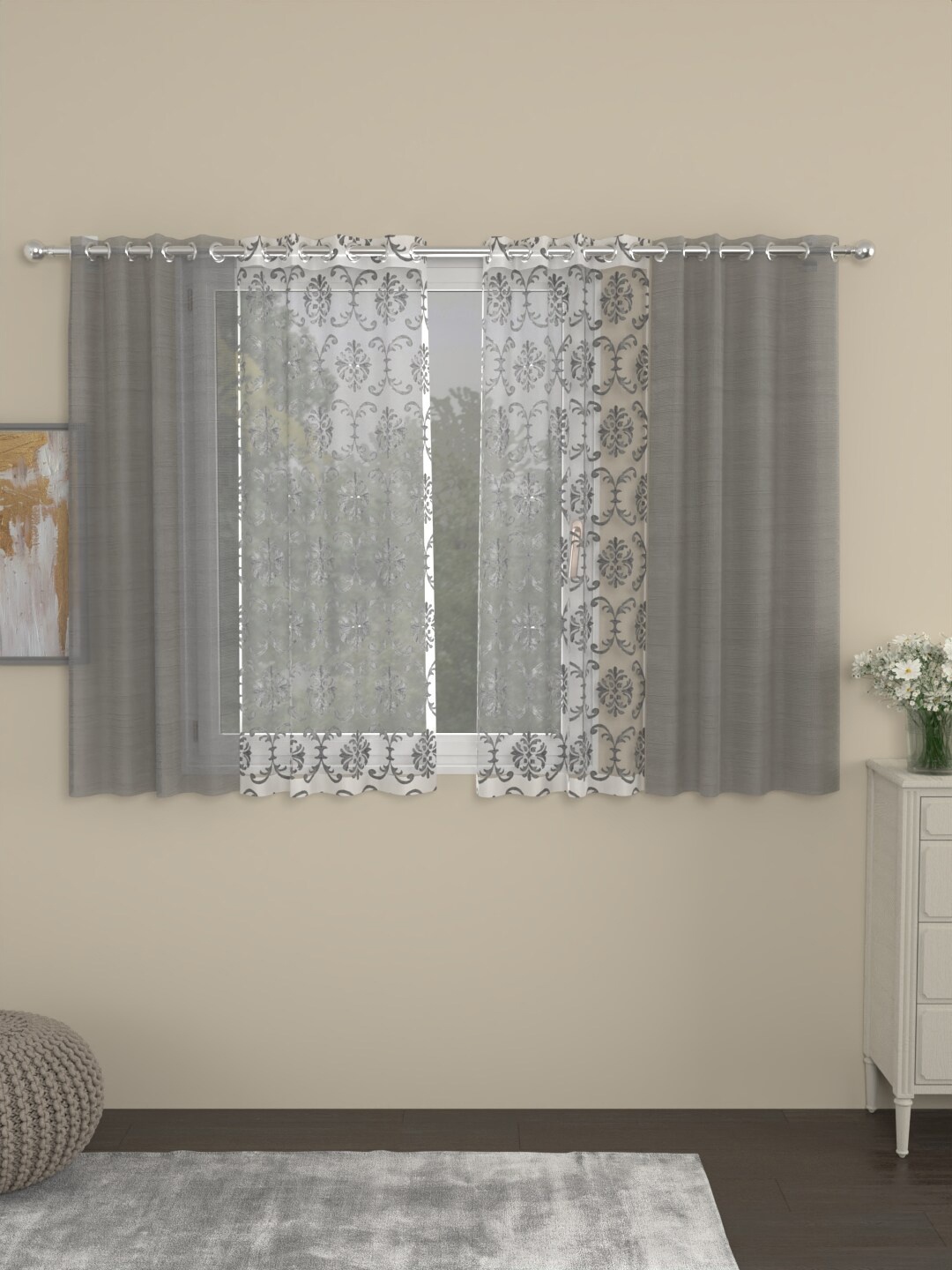 

ROSARA HOME Dove Ornate Grey & White 4 Pieces Sheer Window Curtains