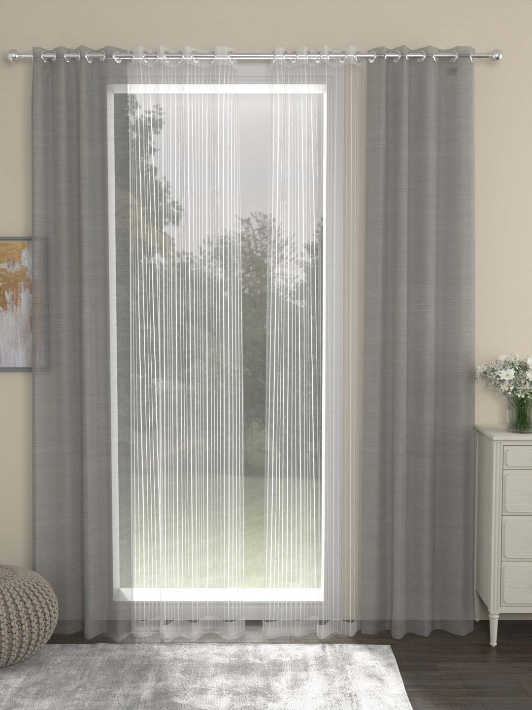 

ROSARA HOME Dove Striped Grey & White 4 Pieces Sheer Long Door Curtains