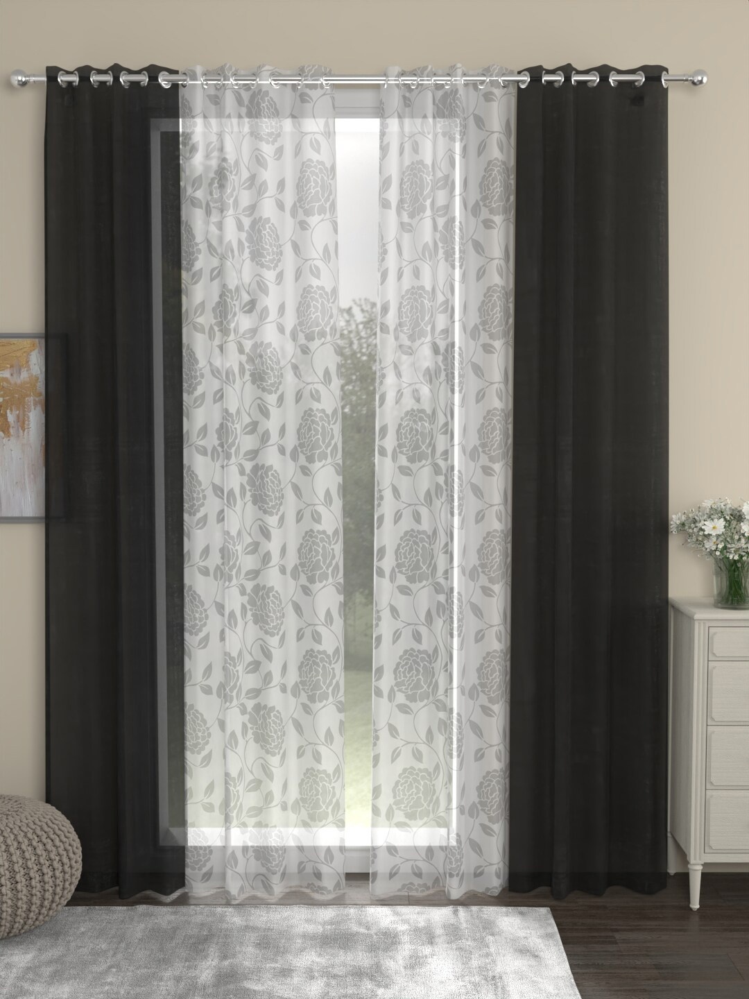 

ROSARA HOME Dove Belle Grey & Black 4 Pieces Sheer Door Curtains