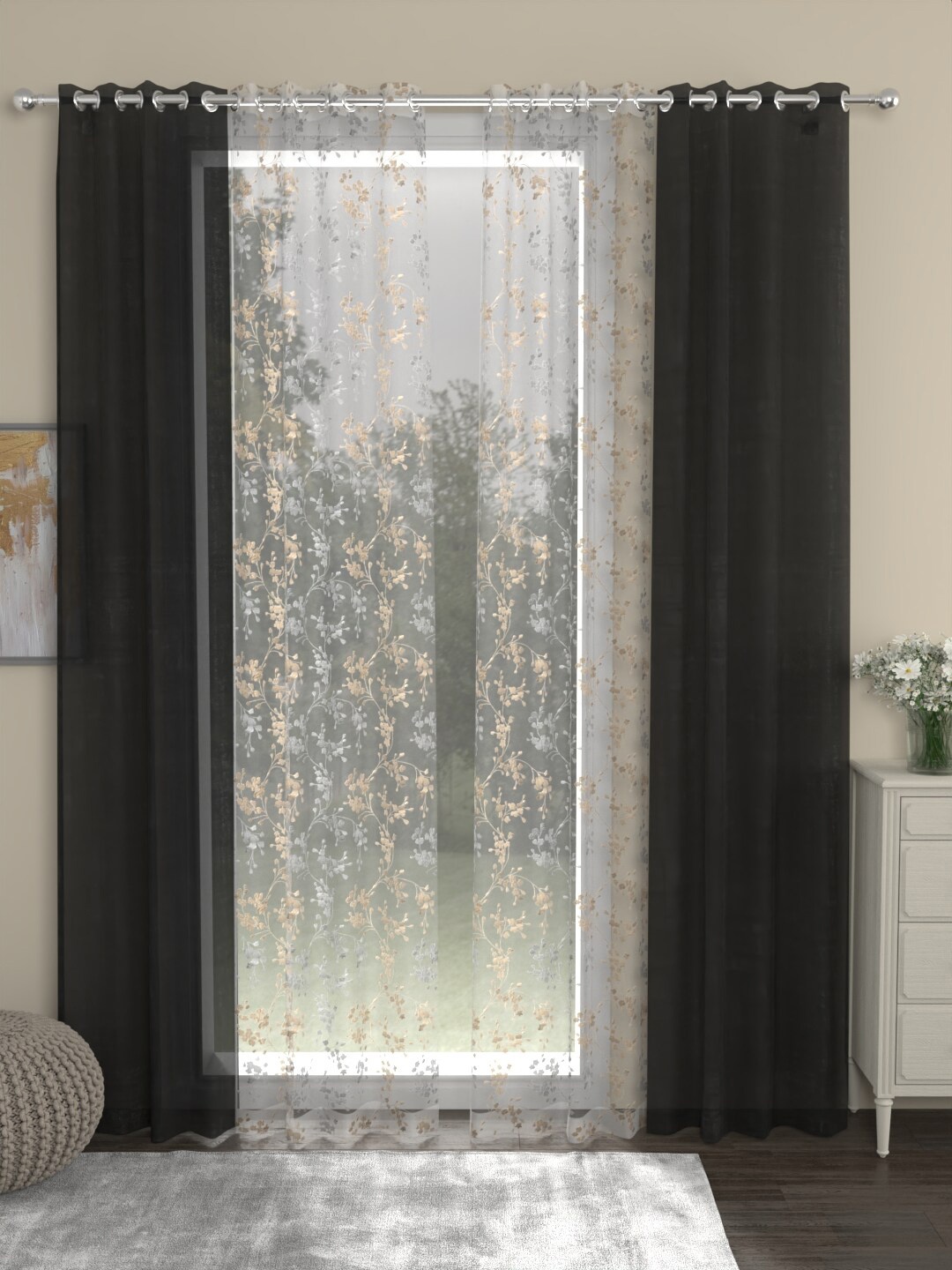 

ROSARA HOME Dove Mimosa Grey & Black 4 Pieces Sheer Door Curtains