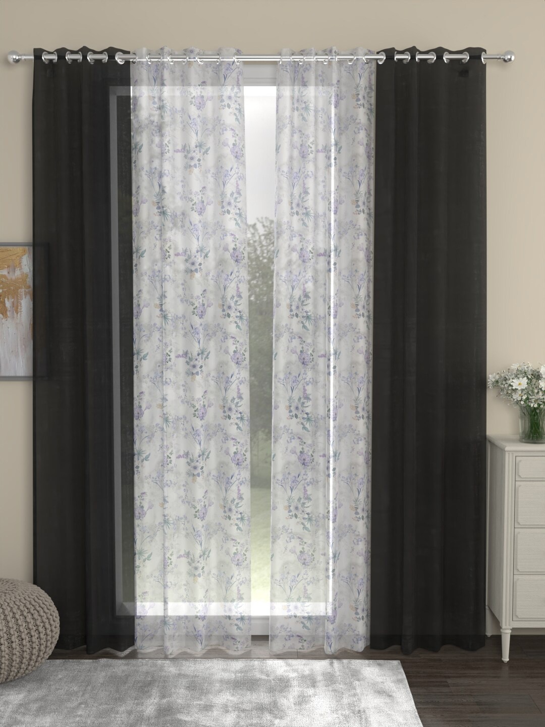 ROSARA HOME Dove Chanderi Grey & Black 4 Pieces Sheer Long Door Curtains