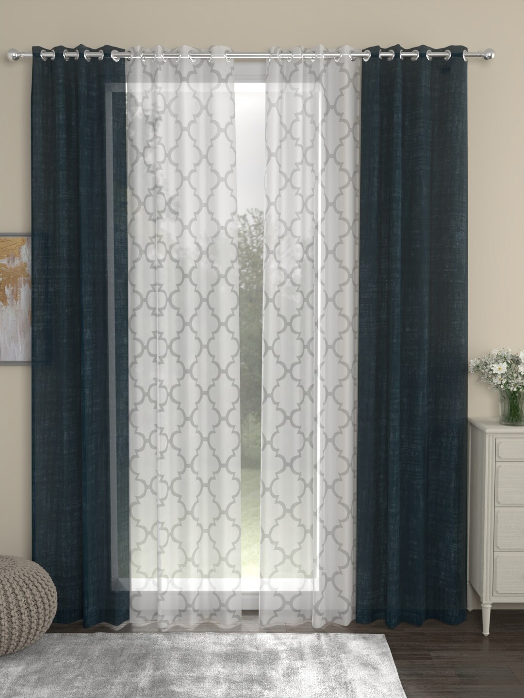 

ROSARA HOME Dove Bruno Burnout Navy Blue 2 Pcs Long Door Curtains & 2 Pcs Printed Sheers