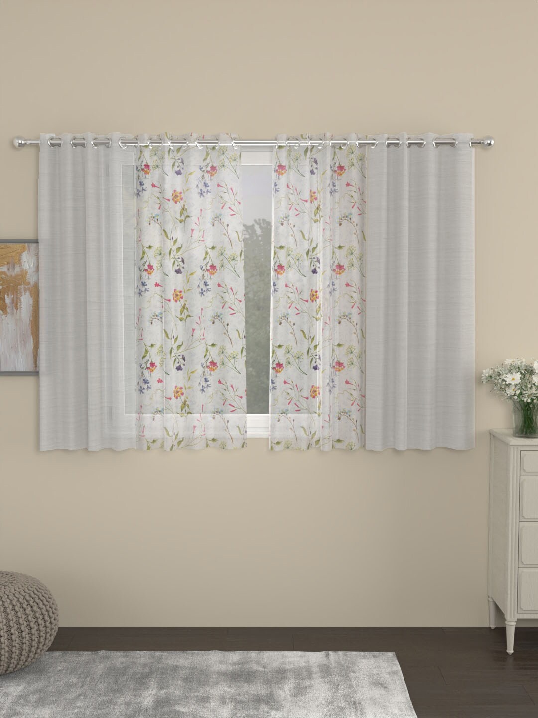 

ROSARA HOME Dove Voile Off White 2 Pieces Window Curtains & 2 Pieces Printed Sheers