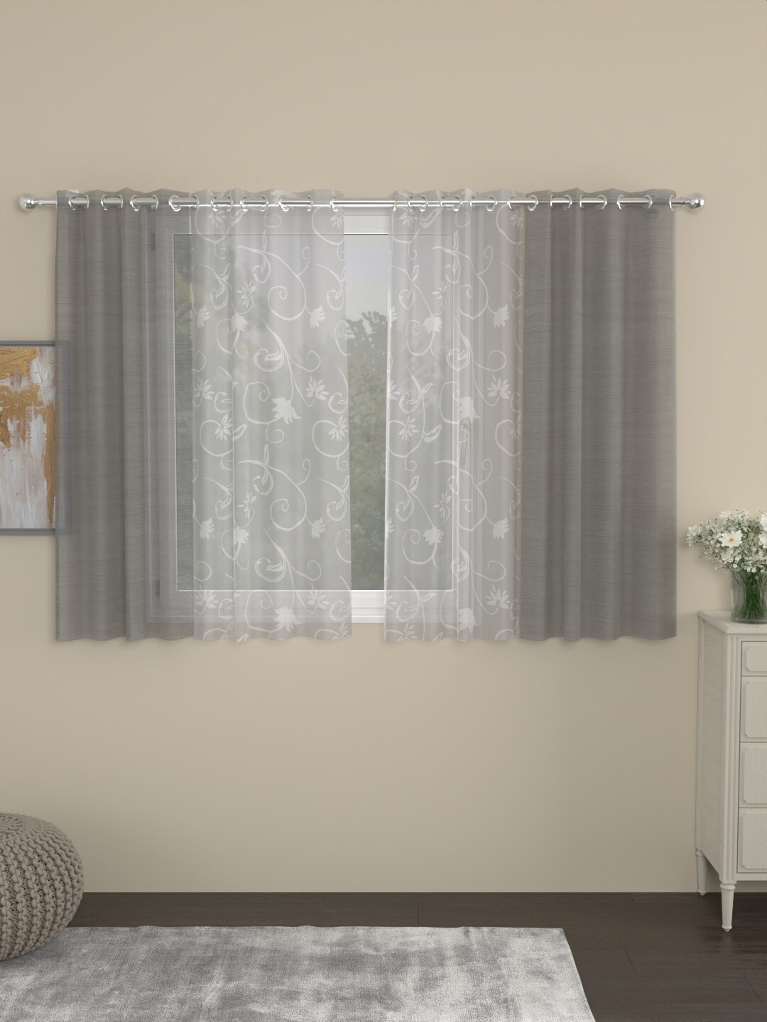 

ROSARA HOME Dove Lydia Grey 2 Pieces Window Curtains & 2 Pieces Printed Sheers