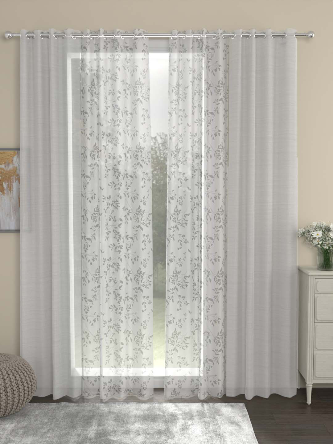 

ROSARA HOME Dove Emily Brasso Off White 2 Pcs Long Door Curtains & 2 Pcs Printed Sheers