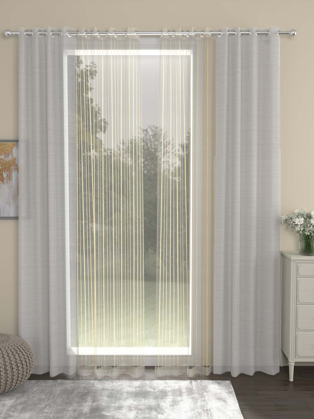 

ROSARA HOME Dove Striped Off White 2 Pcs Long Door Curtains & 2 Pcs Striped Sheers