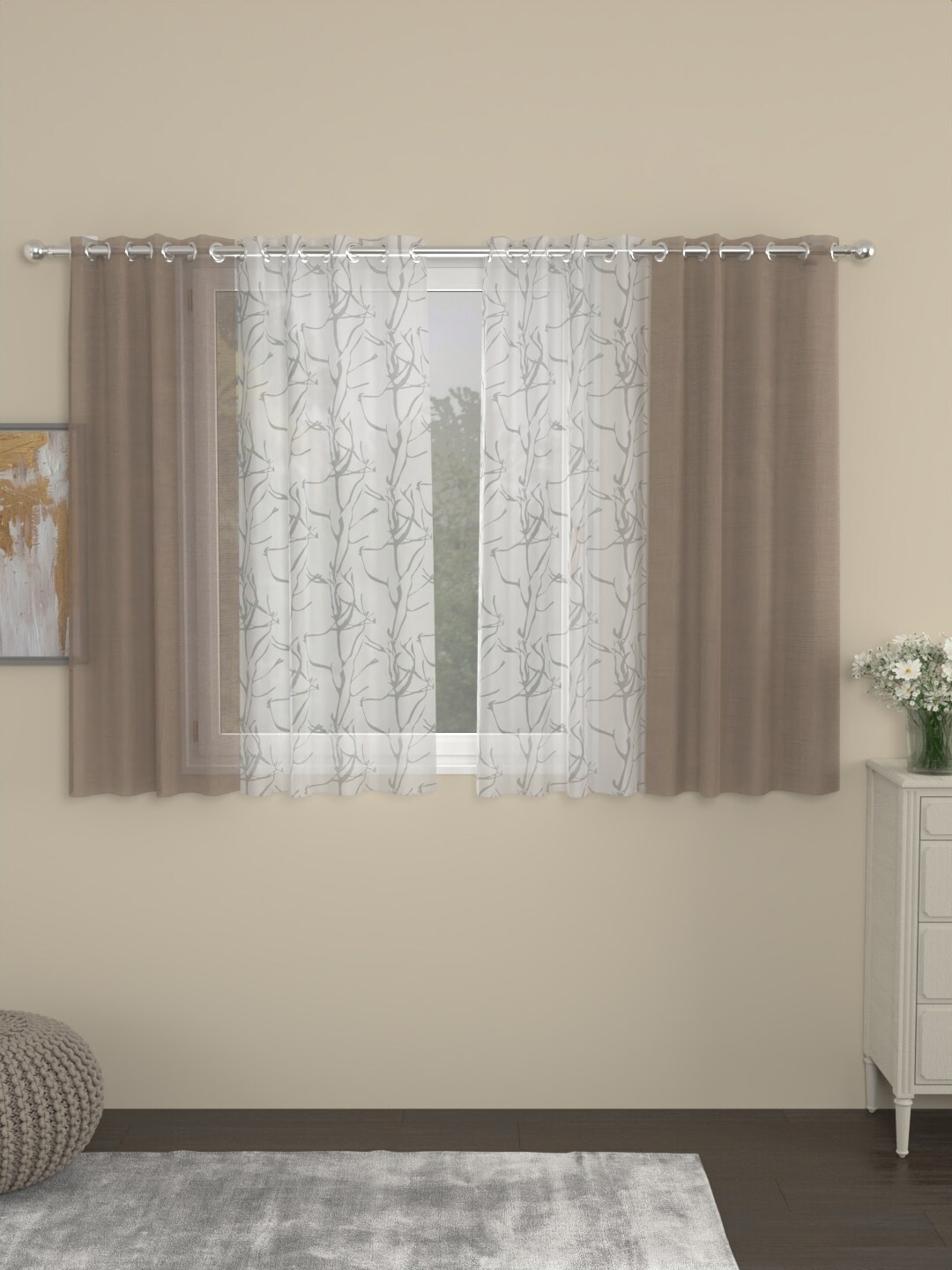 

ROSARA HOME Dove Wallace Taupe & White 4 Pieces Abstract Sheer Window Curtains