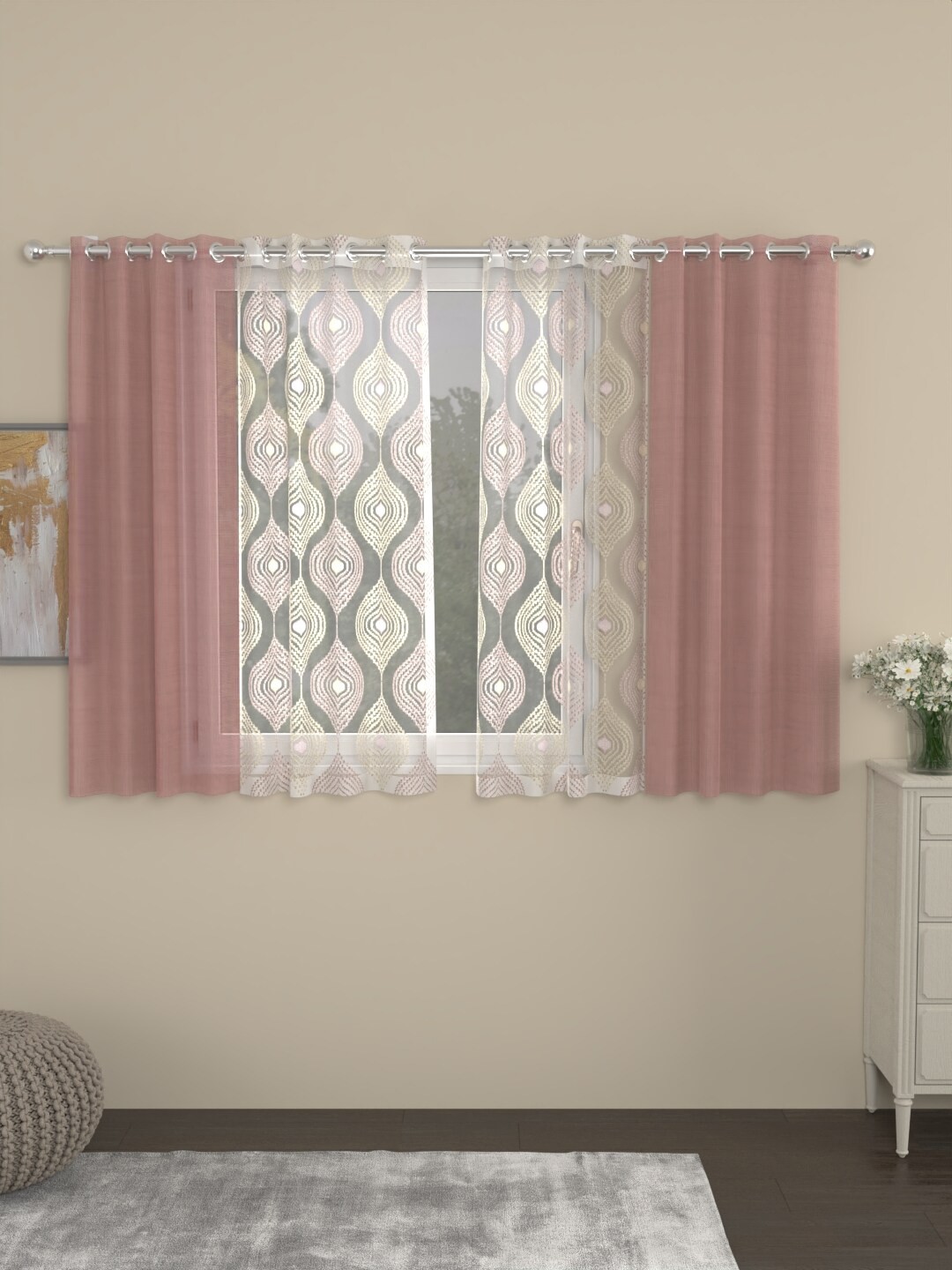 

ROSARA HOME Dove Ogge Nude & White 4 Pieces Embroidered Sheer Window Curtains
