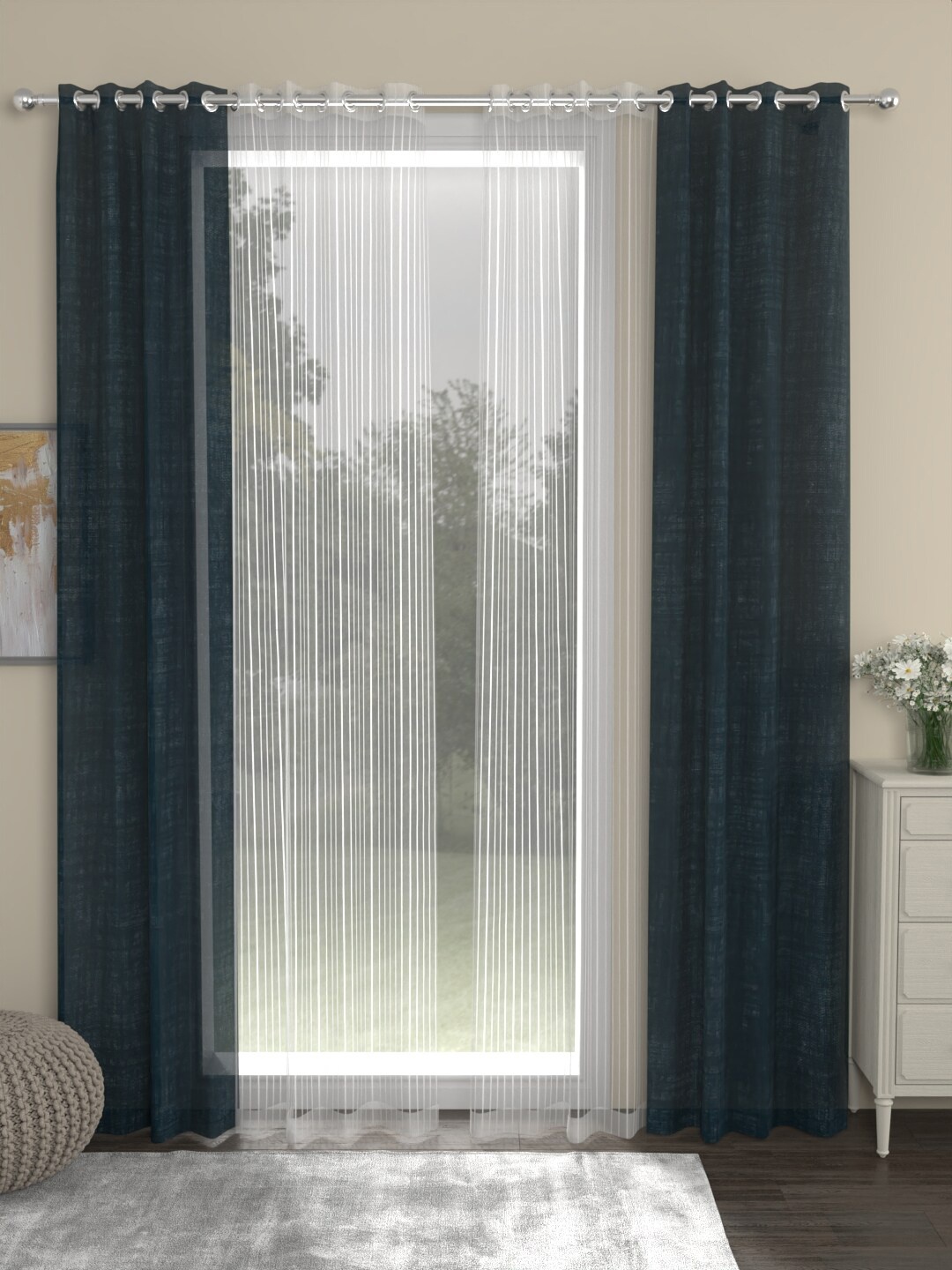 

ROSARA HOME Dove Striped Navy Blue & White 4 Pieces Striped Sheer Door Curtains