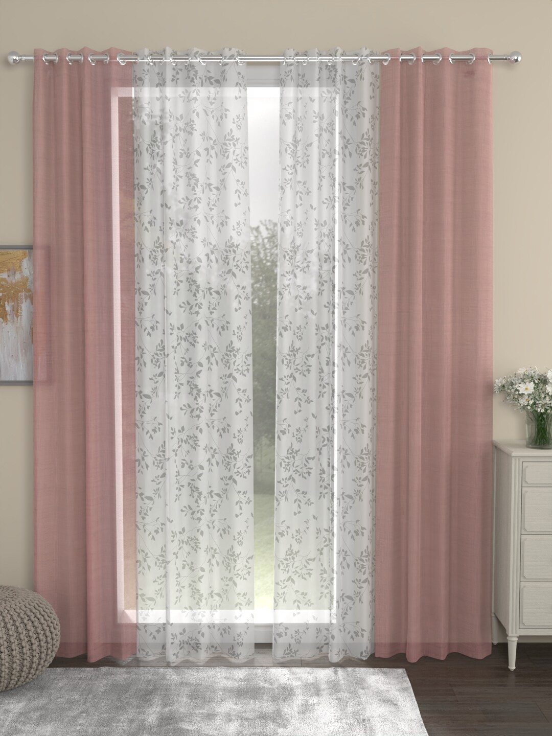 

ROSARA HOME Dove Emily Brasso Nude & White 4 Pieces Floral Sheer Door Curtains
