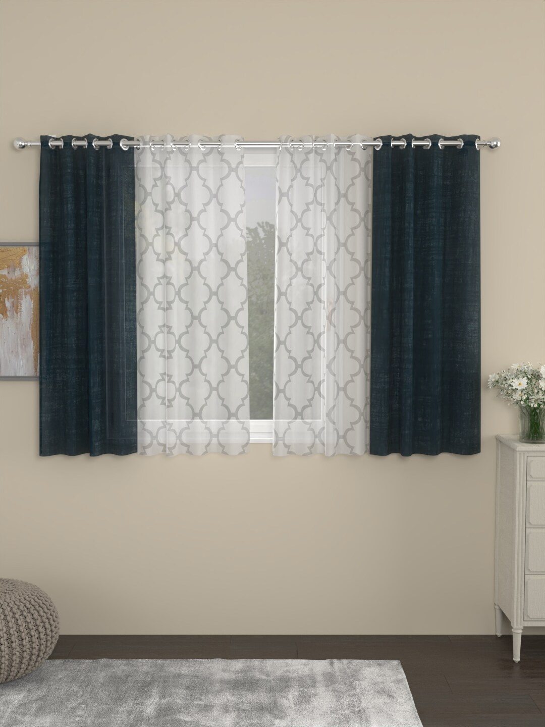 

ROSARA HOME Dove Bruno Burnout Navy Blue & White 4 Pieces Geometric Sheer Window Curtains